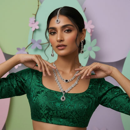 Midnight Bloom Double-Layered AD Necklace Set with Maang Tikka - Silver Finish