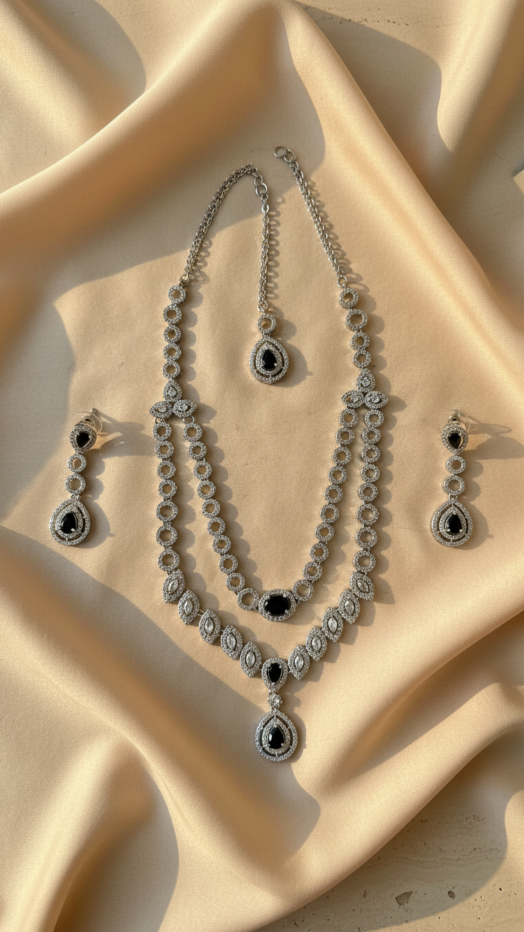 Midnight Bloom Double-Layered AD Necklace Set with Maang Tikka - Silver Finish