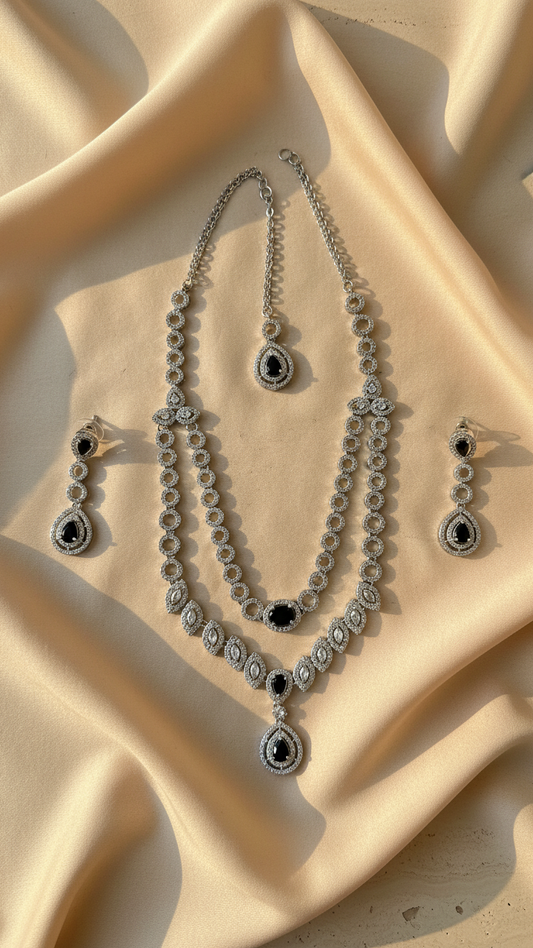 Midnight Bloom Double-Layered AD Necklace Set with Maang Tikka - Silver Finish