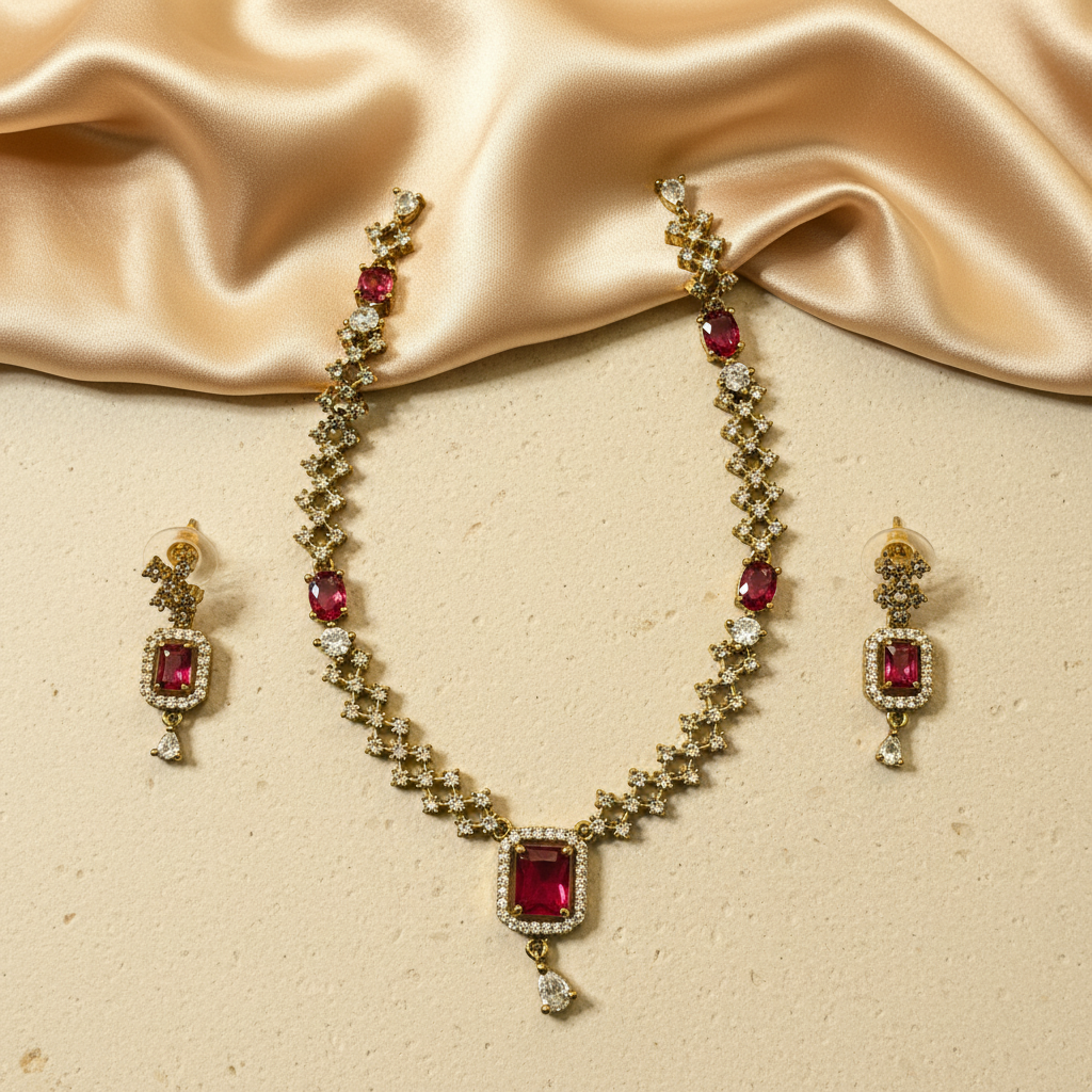 Ruby Red & Silver Geometric AD Necklace Set