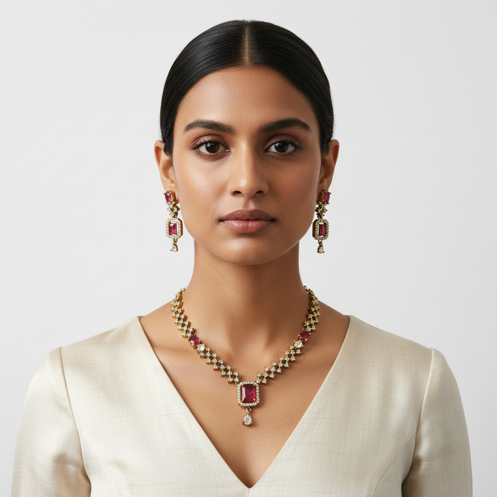 Ruby Red & Silver Geometric AD Necklace Set