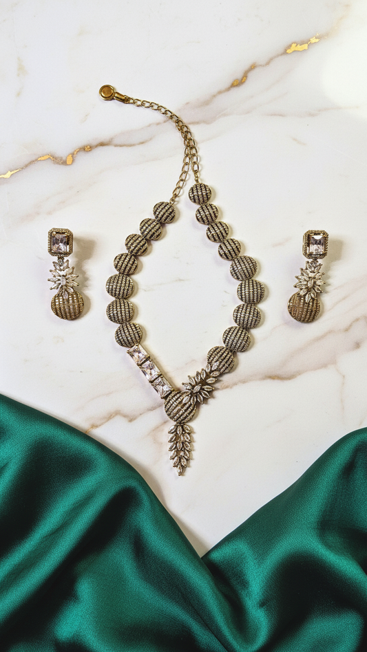 Vintage Globe Marquise AD Necklace Set - Antique Gold Polish