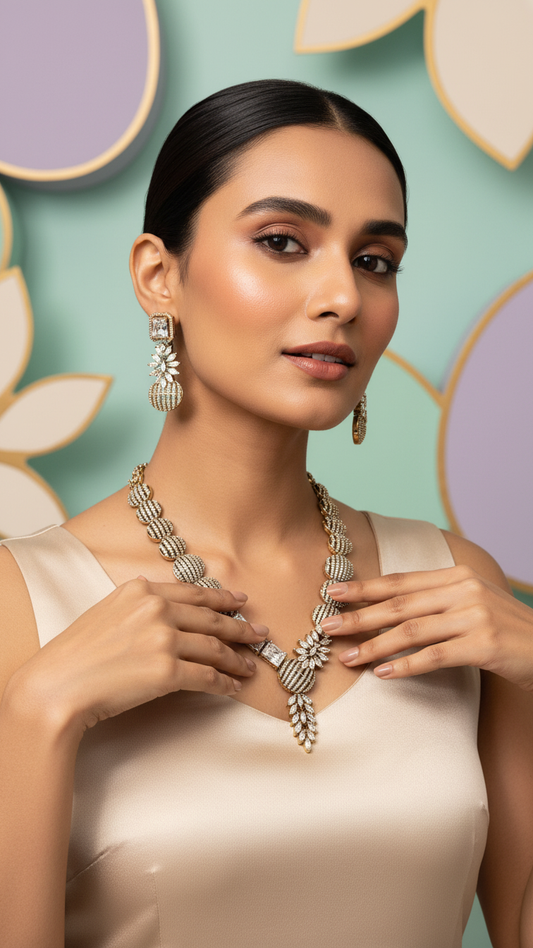 Vintage Globe Marquise AD Necklace Set - Antique Gold Polish