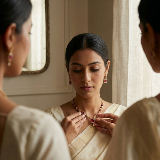 Ruby Red & Silver Geometric AD Necklace Set