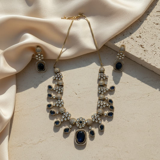 Royal Azure Globe AD Necklace Set - Antique Gold & Sapphire Blue Finish