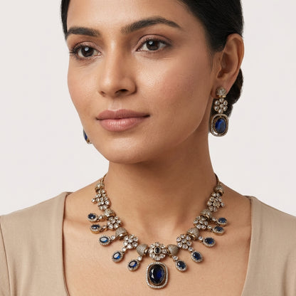 Royal Azure Globe AD Necklace Set - Antique Gold & Sapphire Blue Finish