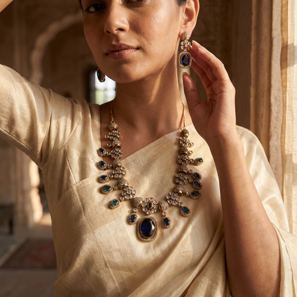 Royal Azure Globe AD Necklace Set - Antique Gold & Sapphire Blue Finish