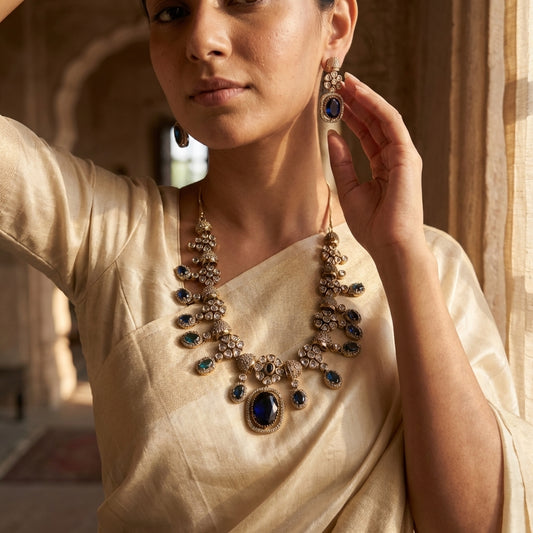 Royal Azure Globe AD Necklace Set - Antique Gold & Sapphire Blue Finish