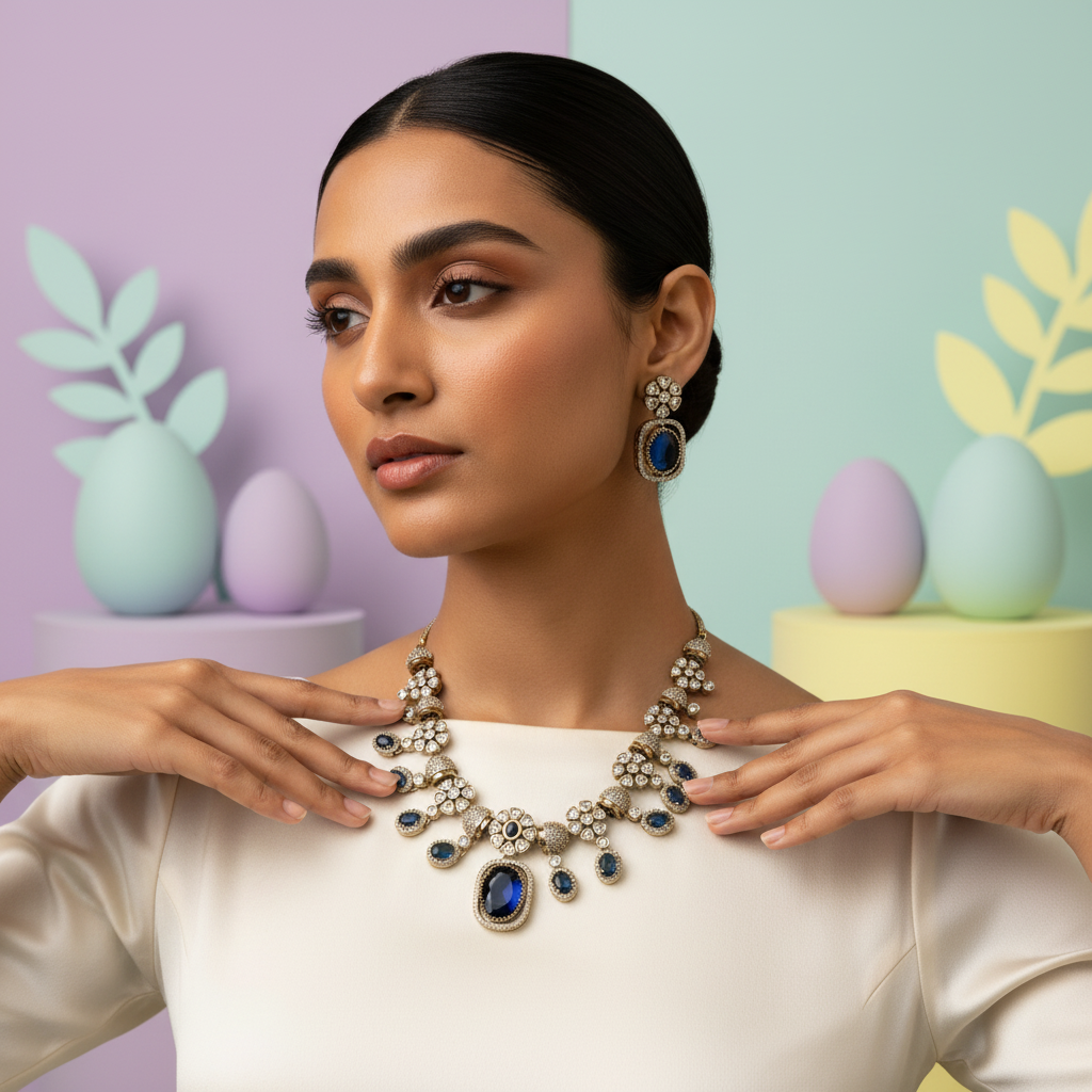 Royal Azure Globe AD Necklace Set - Antique Gold & Sapphire Blue Finish