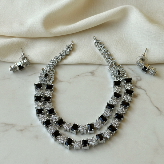 Regal Noir Double-Layered Square-Cut AD Necklace Set - Premium Silver Finish