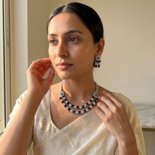 Regal Noir Double-Layered Square-Cut AD Necklace Set - Premium Silver Finish