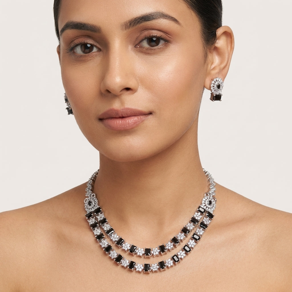 Regal Noir Double-Layered Square-Cut AD Necklace Set - Premium Silver Finish