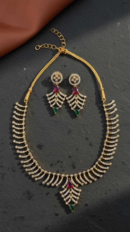 Rainbow Radiance Floral AD Necklace Set - Antique Gold Finish