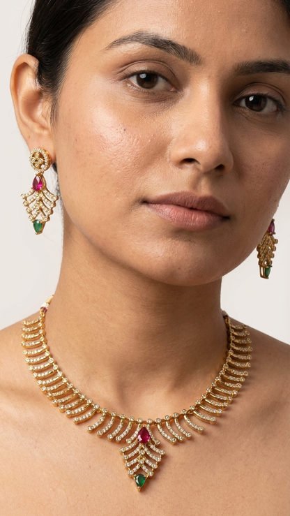 Rainbow Radiance Floral AD Necklace Set - Antique Gold Finish