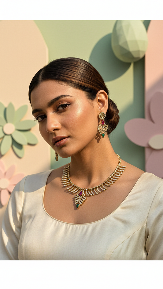 Rainbow Radiance Floral AD Necklace Set - Antique Gold Finish