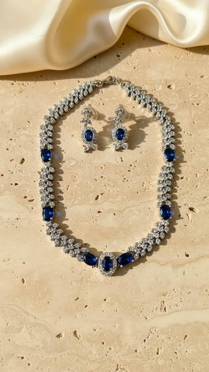 Sapphire Elegance Marquise AD Necklace Set – Silver Polish