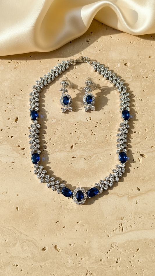 Sapphire Elegance Marquise AD Necklace Set – Silver Polish