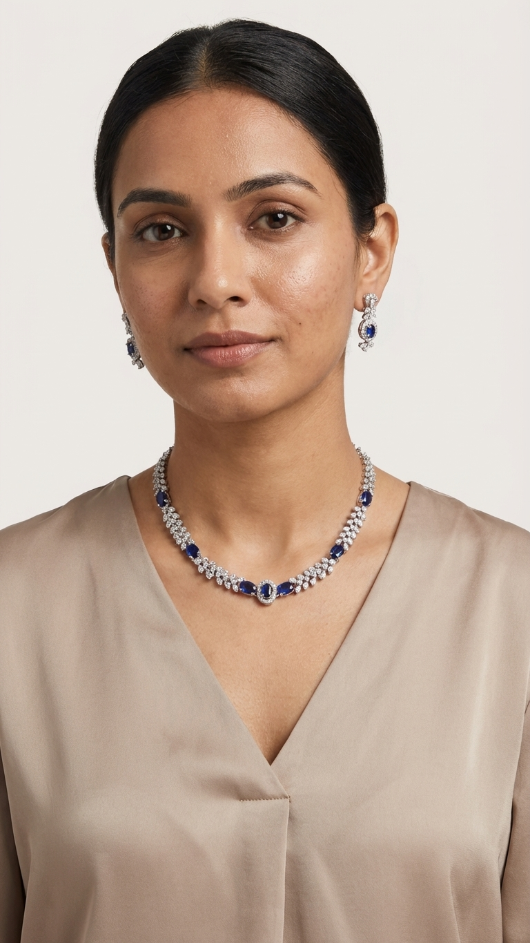 Sapphire Elegance Marquise AD Necklace Set – Silver Polish