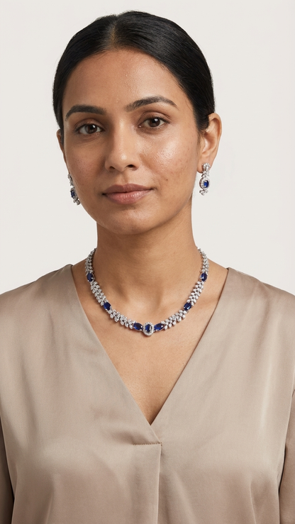 Sapphire Elegance Marquise AD Necklace Set – Silver Polish