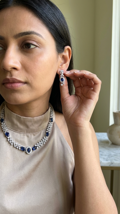 Sapphire Elegance Marquise AD Necklace Set – Silver Polish