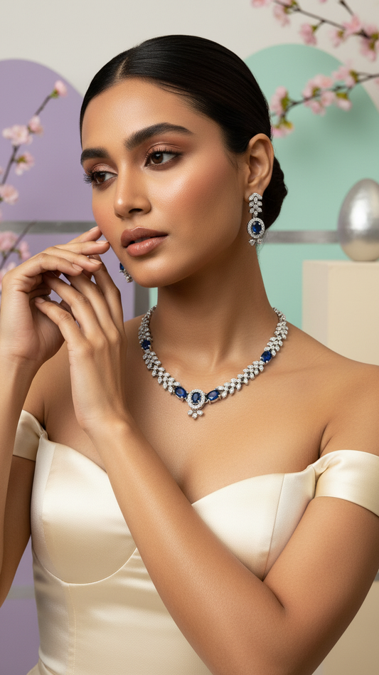 Sapphire Elegance Marquise AD Necklace Set – Silver Polish