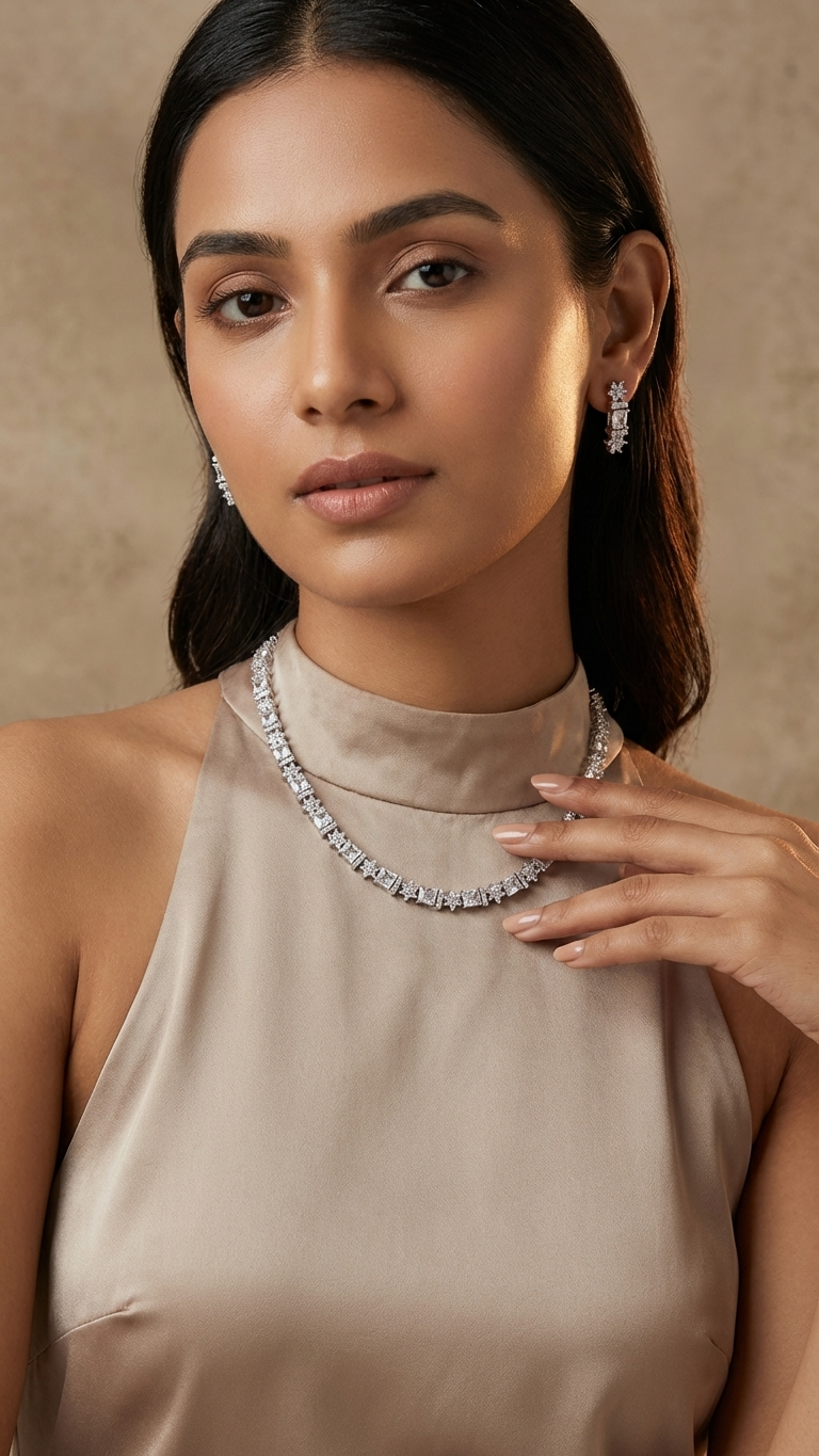 Silver single-Layered AD Necklace Set – Silver Polish