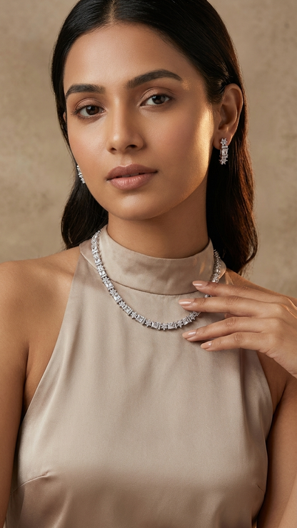 Silver single-Layered AD Necklace Set – Silver Polish