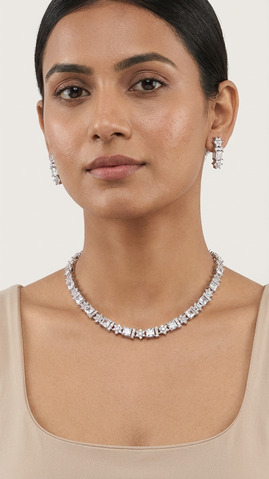 Silver single-Layered AD Necklace Set – Silver Polish
