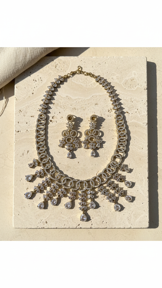 Art Deco Linked Circles AD Necklace Set - Gold Gloss Finish