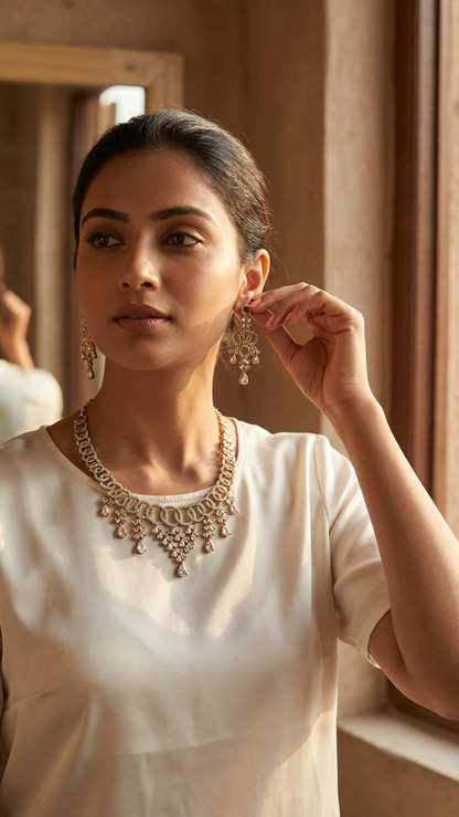 Art Deco Linked Circles AD Necklace Set - Gold Gloss Finish