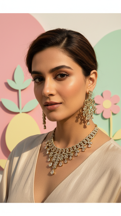 Art Deco Linked Circles AD Necklace Set - Gold Gloss Finish