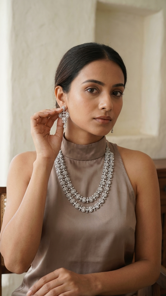 Luxe Oval Double-Layered AD Necklace Set - High-Shine Silver Finish