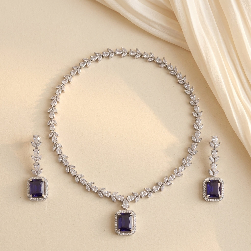 Enchanted Amethyst Square-Cut AD Necklace Set - Premium silver finish