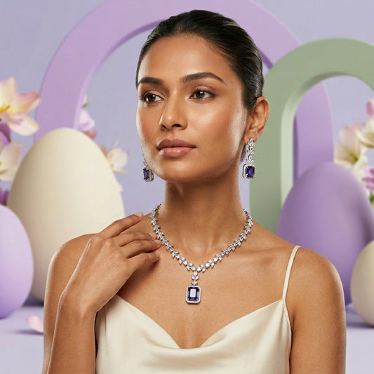 Enchanted Amethyst Square-Cut AD Necklace Set - Premium silver finish