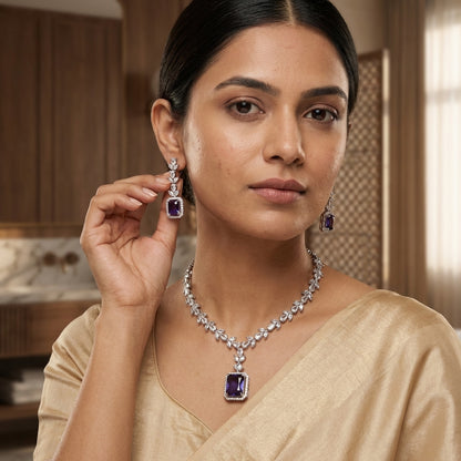 Enchanted Amethyst Square-Cut AD Necklace Set - Premium silver finish