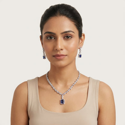 Enchanted Amethyst Square-Cut AD Necklace Set - Premium silver finish