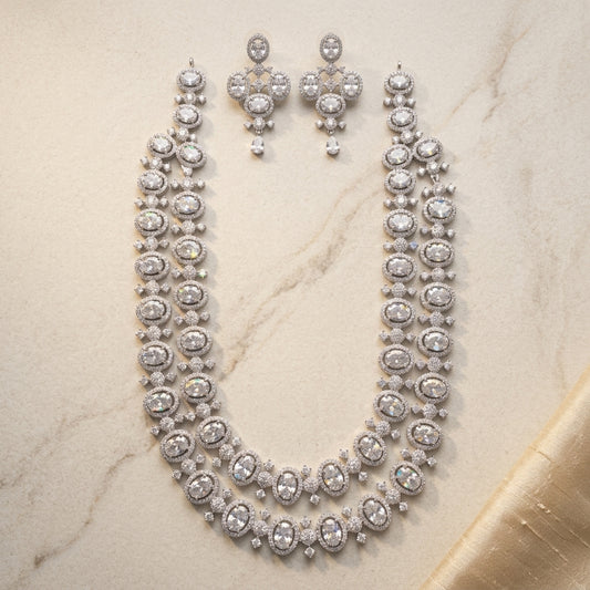 Luxe Oval Double-Layered AD Necklace Set - High-Shine Silver Finish