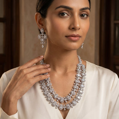 Luxe Oval Double-Layered AD Necklace Set - High-Shine Silver Finish