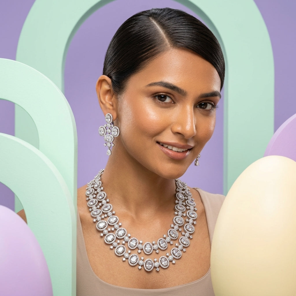 Luxe Oval Double-Layered AD Necklace Set - High-Shine Silver Finish