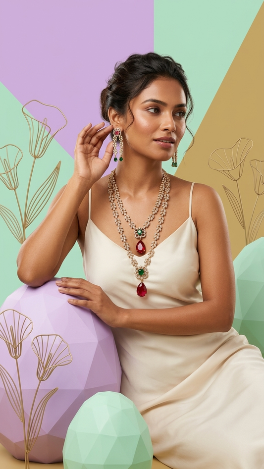 Magnolia Leaf Double-Layered AD Necklace Set - Antique Gold Finish