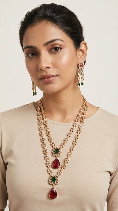 Magnolia Leaf Double-Layered AD Necklace Set - Antique Gold Finish