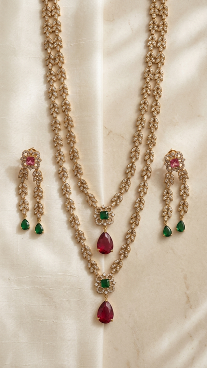 Magnolia Leaf Double-Layered AD Necklace Set - Antique Gold Finish