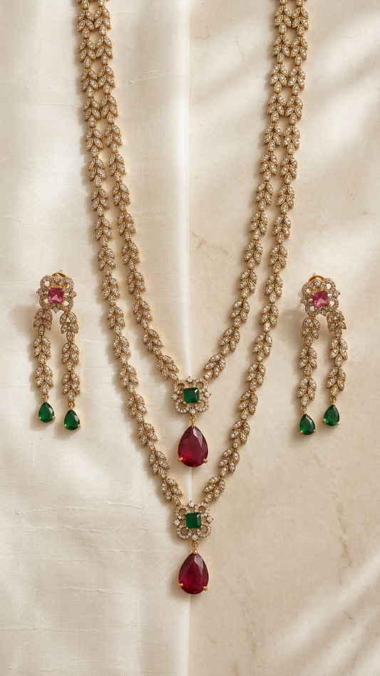 Magnolia Leaf Double-Layered AD Necklace Set - Antique Gold Finish