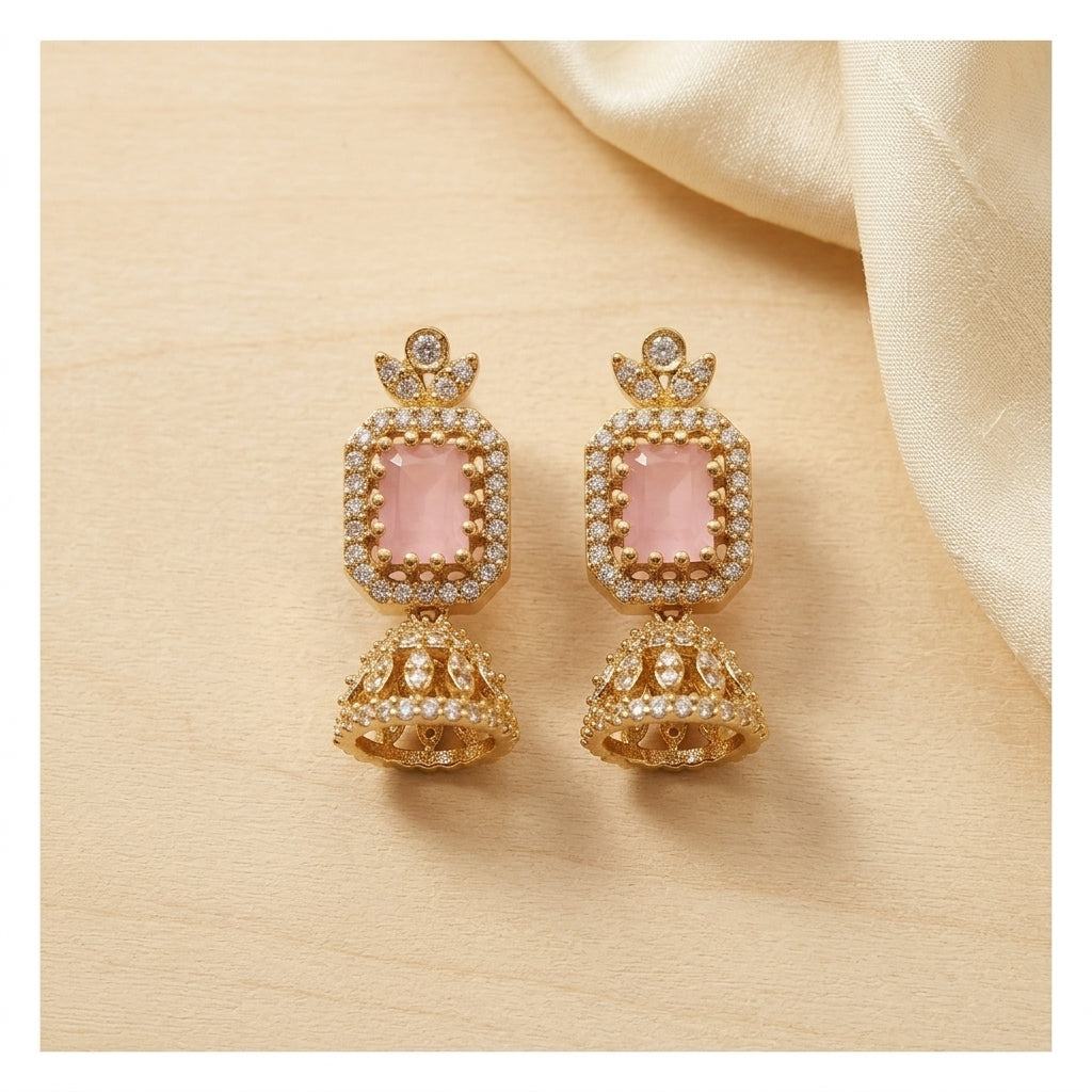 Blush Pink Fusion Jhumkas – Rose Quartz Tone AD Earrings with Antique Gold Finish