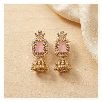 Blush Pink Fusion Jhumkas – Rose Quartz Tone AD Earrings with Antique Gold Finish