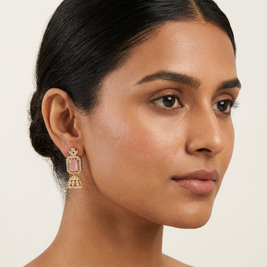 Blush Pink Fusion Jhumkas – Rose Quartz Tone AD Earrings with Antique Gold Finish