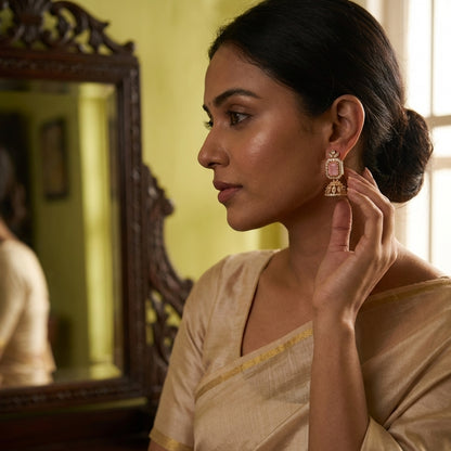 Blush Pink Fusion Jhumkas – Rose Quartz Tone AD Earrings with Antique Gold Finish
