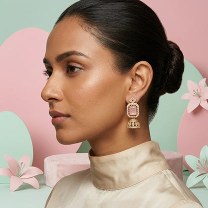 Blush Pink Fusion Jhumkas – Rose Quartz Tone AD Earrings with Antique Gold Finish