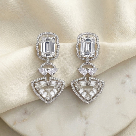 Crystal Cascading Drops – Geometric Silver-Toned American Diamond Statement Earrings