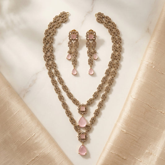 Blush Pink Magnolia Double-Layered AD Necklace Set - Antique Gold Finish